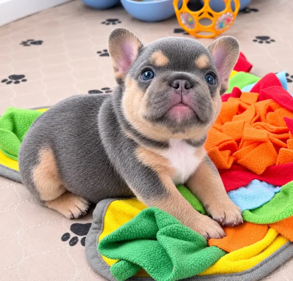 a blue and tan puppy sitting on the bed